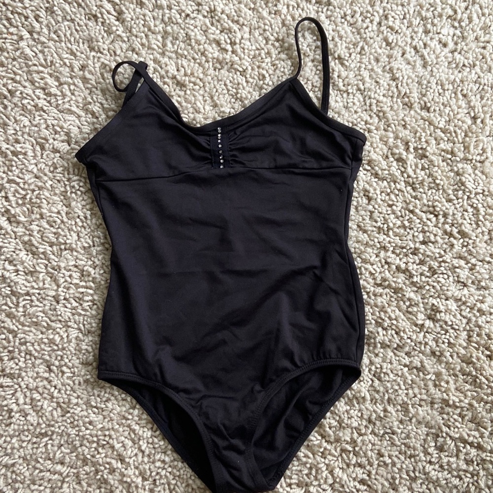 Girls Black Leotard Danz N Motion by Danshuz size 8-10 rhinestone gather front